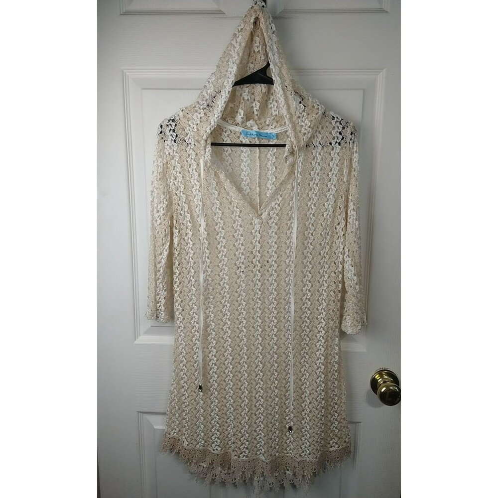 Solitaire Swim Hooded Bathing Suit Cover Woman M Sheer Lace Boho Chic Silk Blend